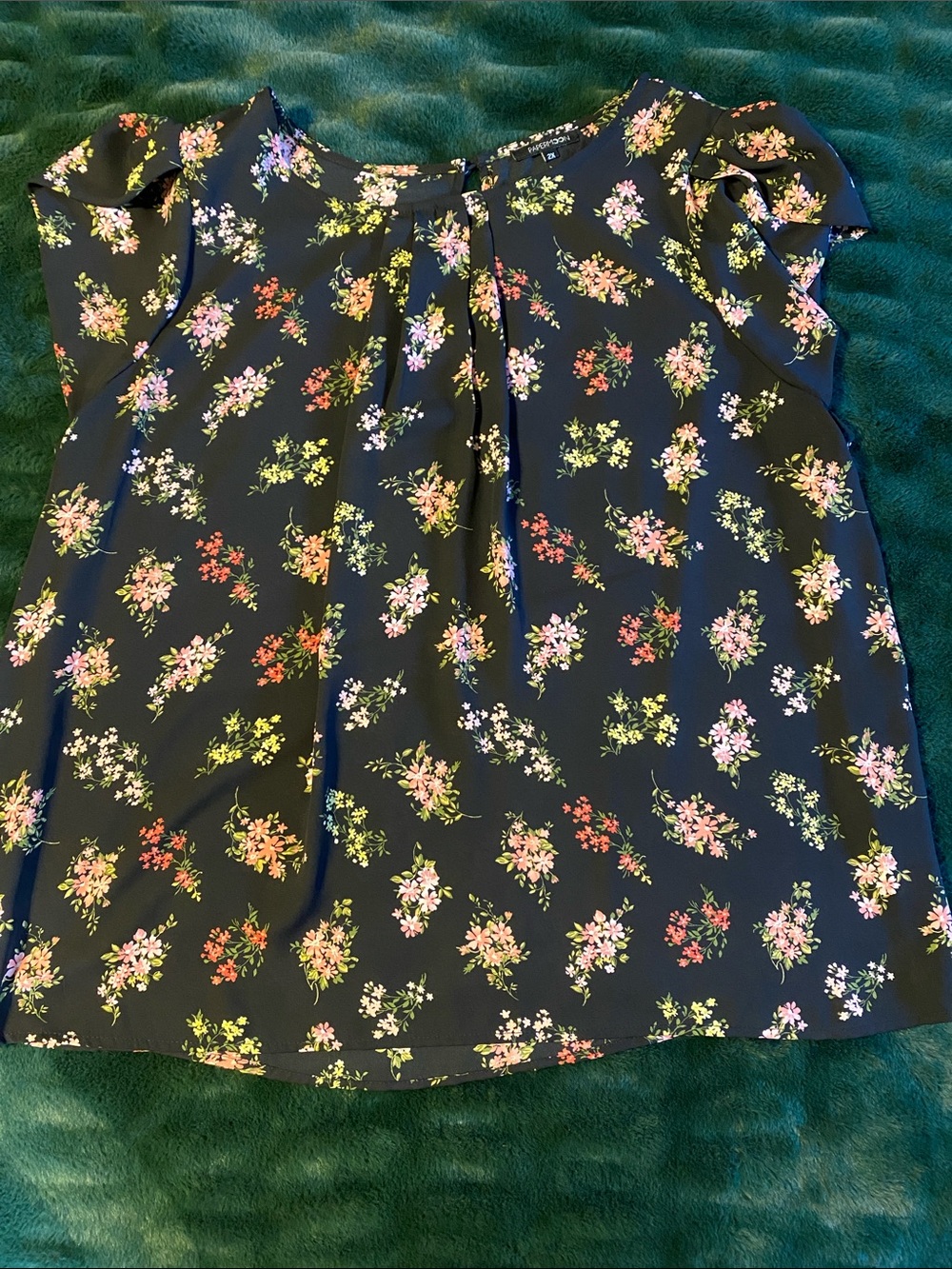 Papermoon Black and Pink Floral Ruffle Sleeve Top